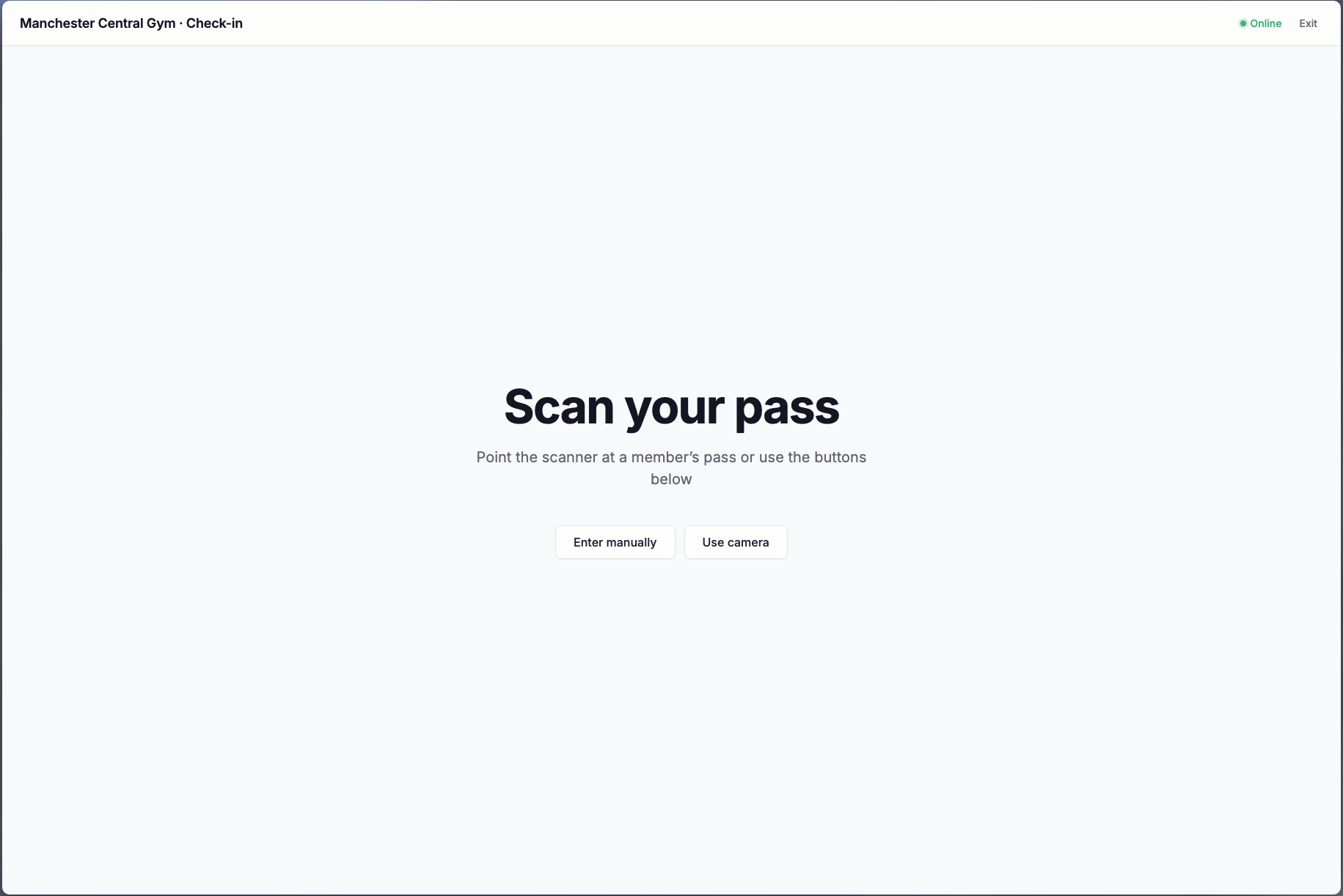 The Dyno check-in kiosk “Scan your pass” screen running on a tablet