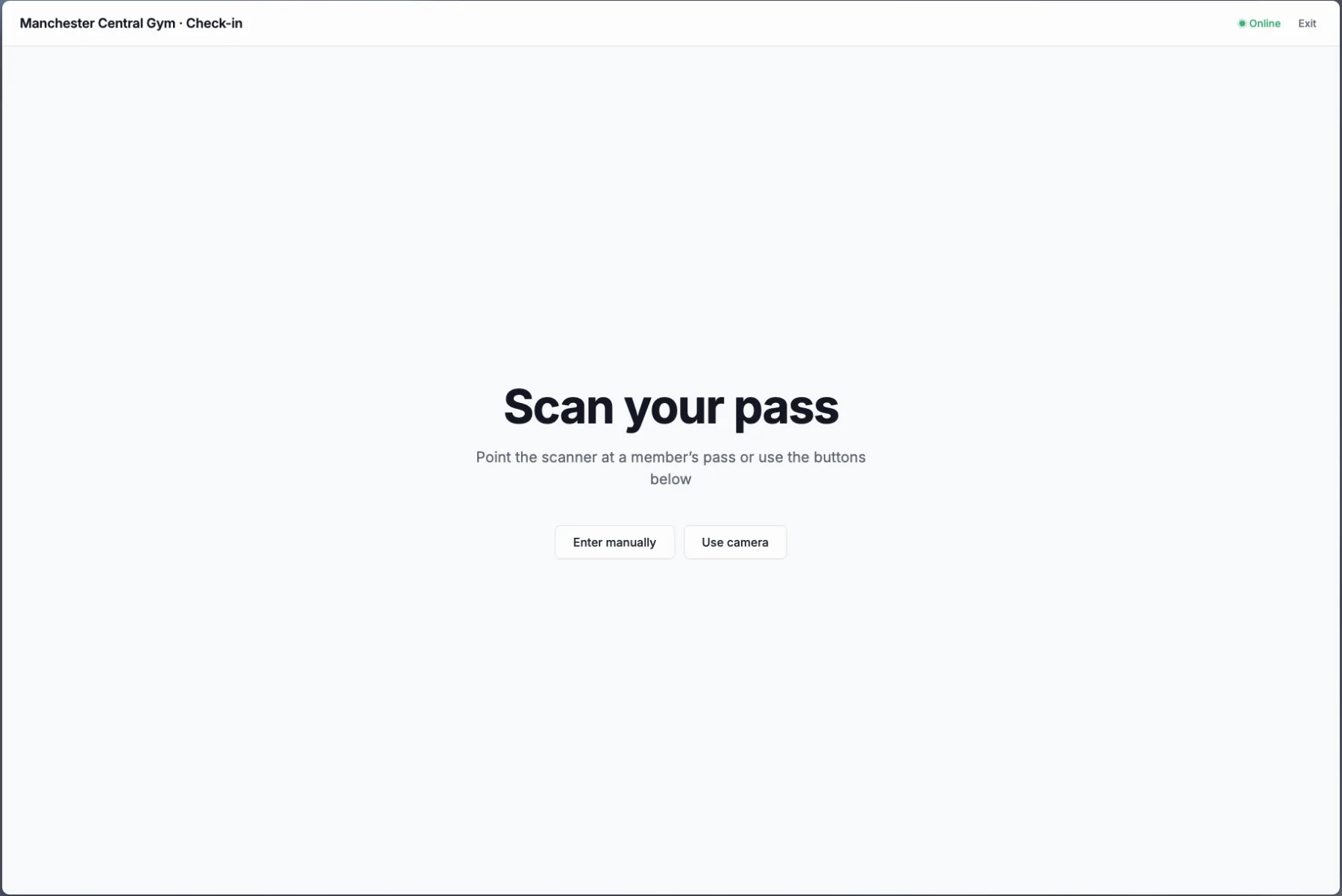 The check-in kiosk on a tablet, asking members to scan their pass
