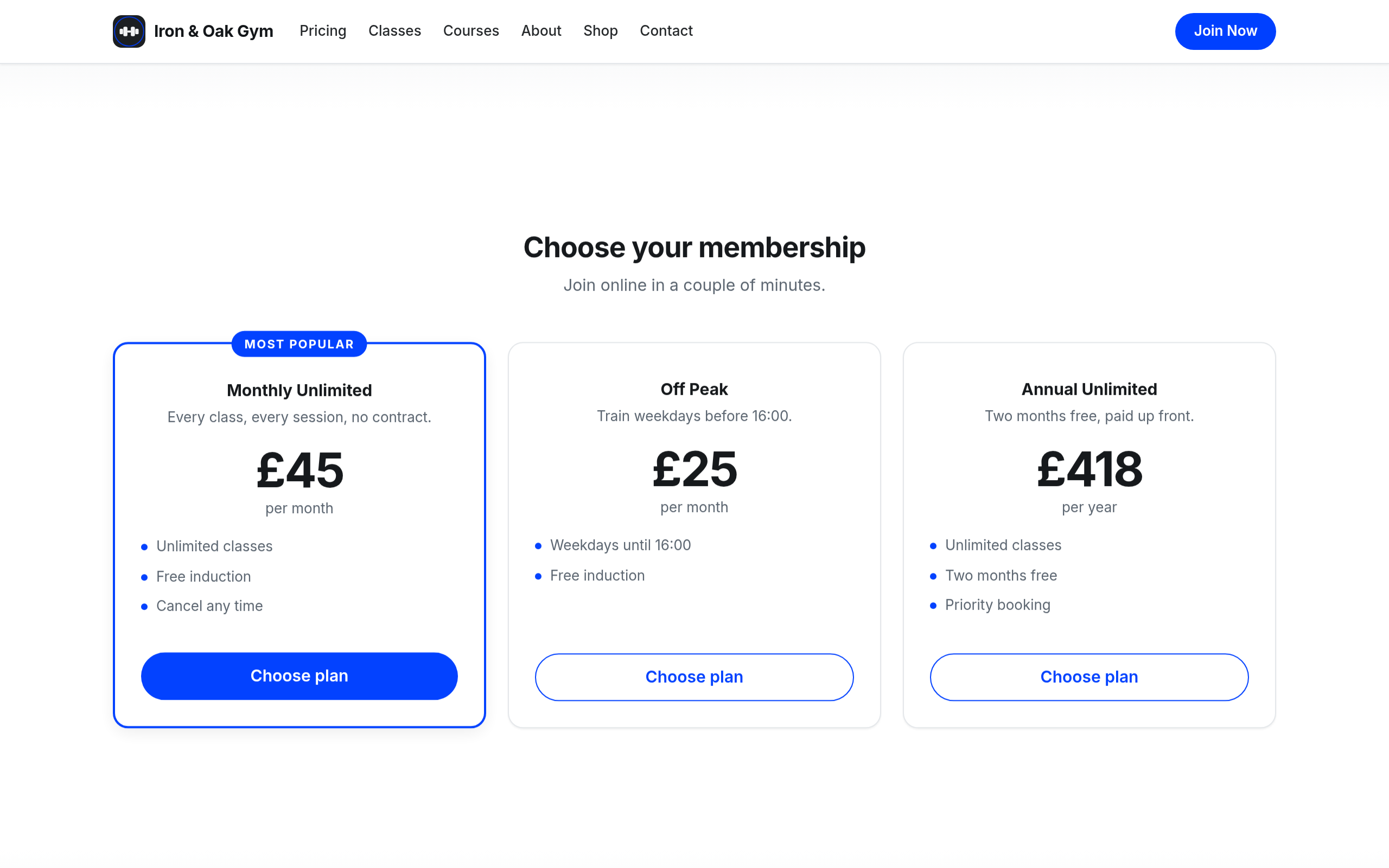 Live membership prices and join buttons on a demo club website built with Dyno