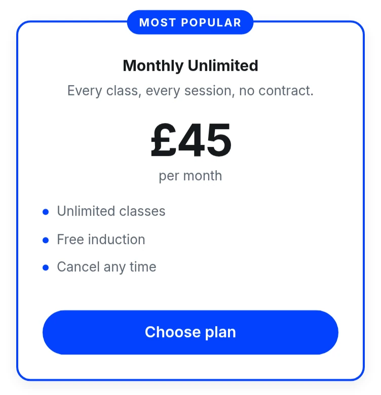 A membership plan on a club website with its monthly price and a Choose plan button