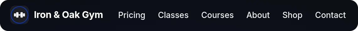 A club website menu: pricing, classes, courses, about, shop and contact