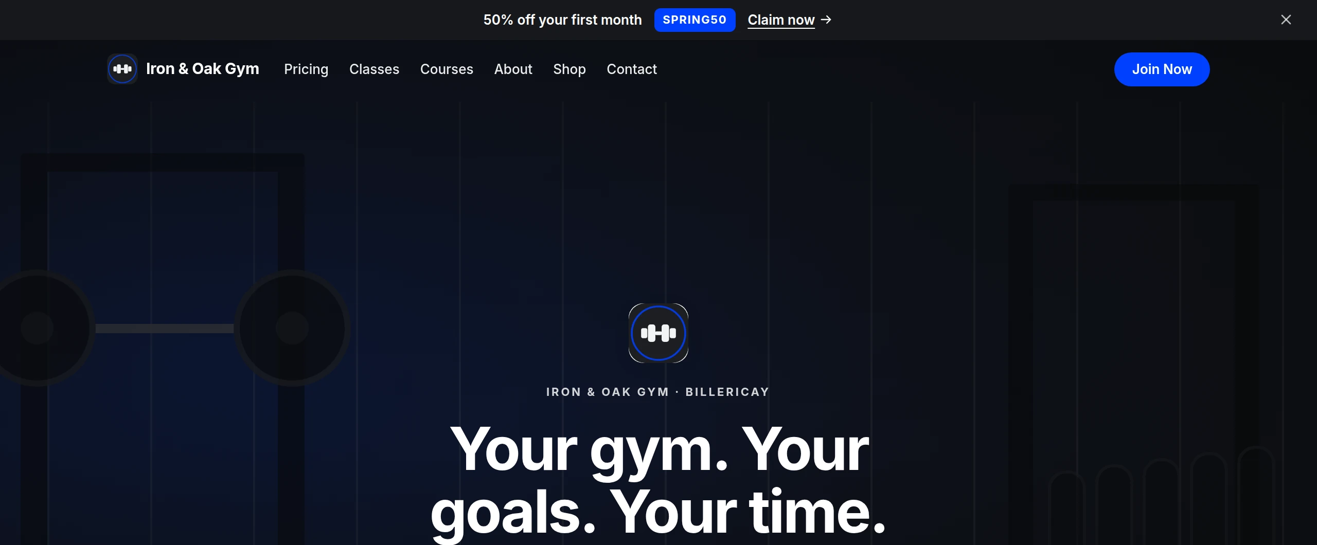 The home page of a demo gym’s website in a browser, with its logo, menu, headline and Join Now button