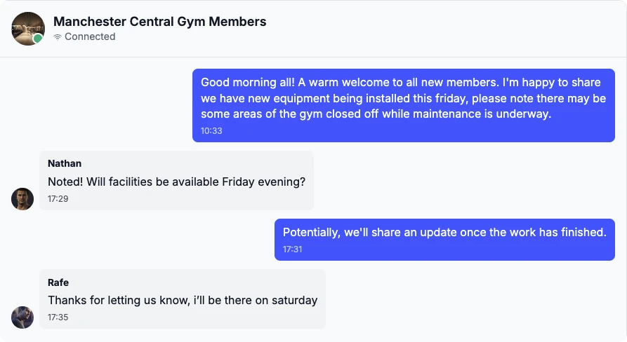 The same club chat on the Dyno dashboard, with the club’s messages and members’ replies