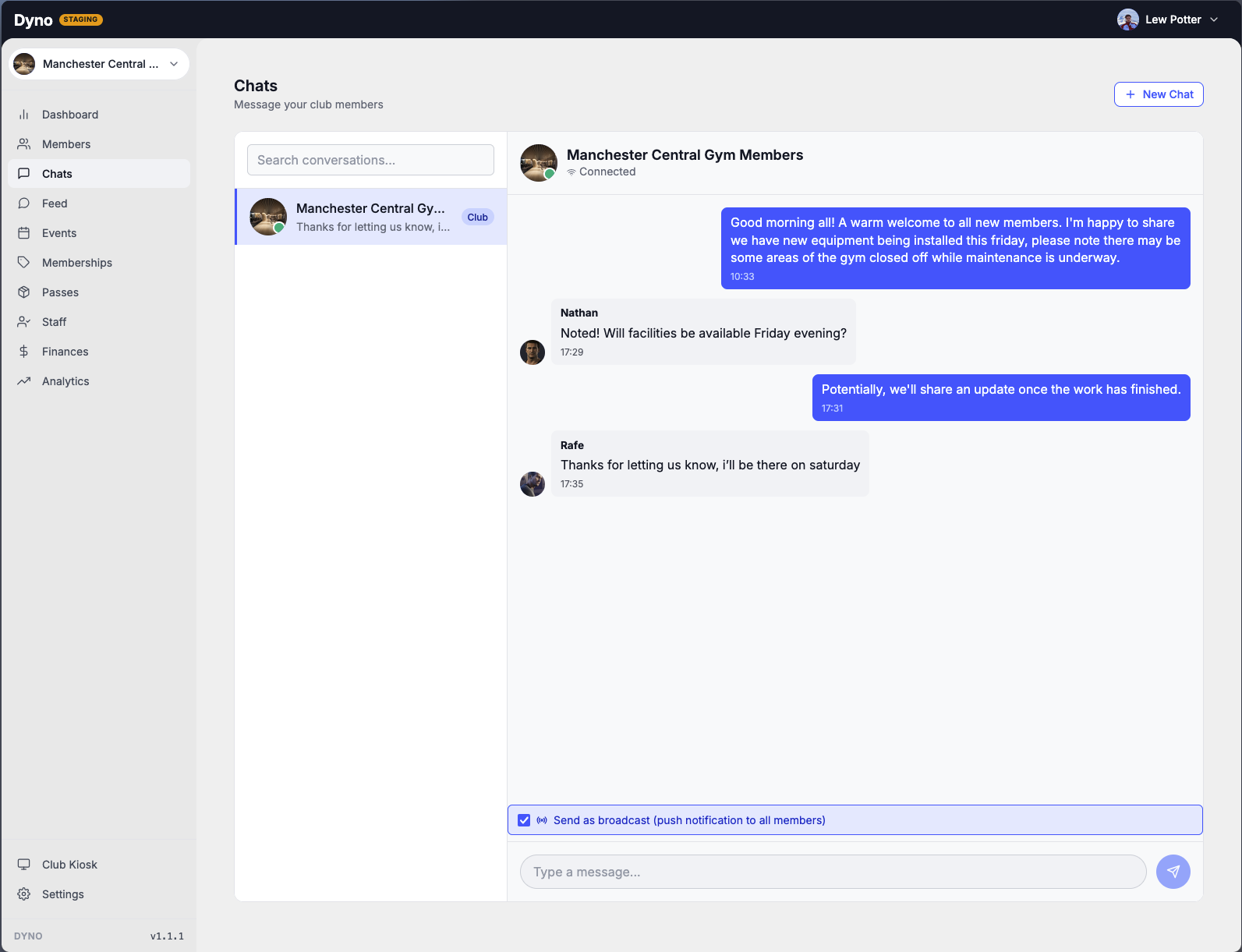 Sending a club chat as a broadcast to all members from the Dyno dashboard