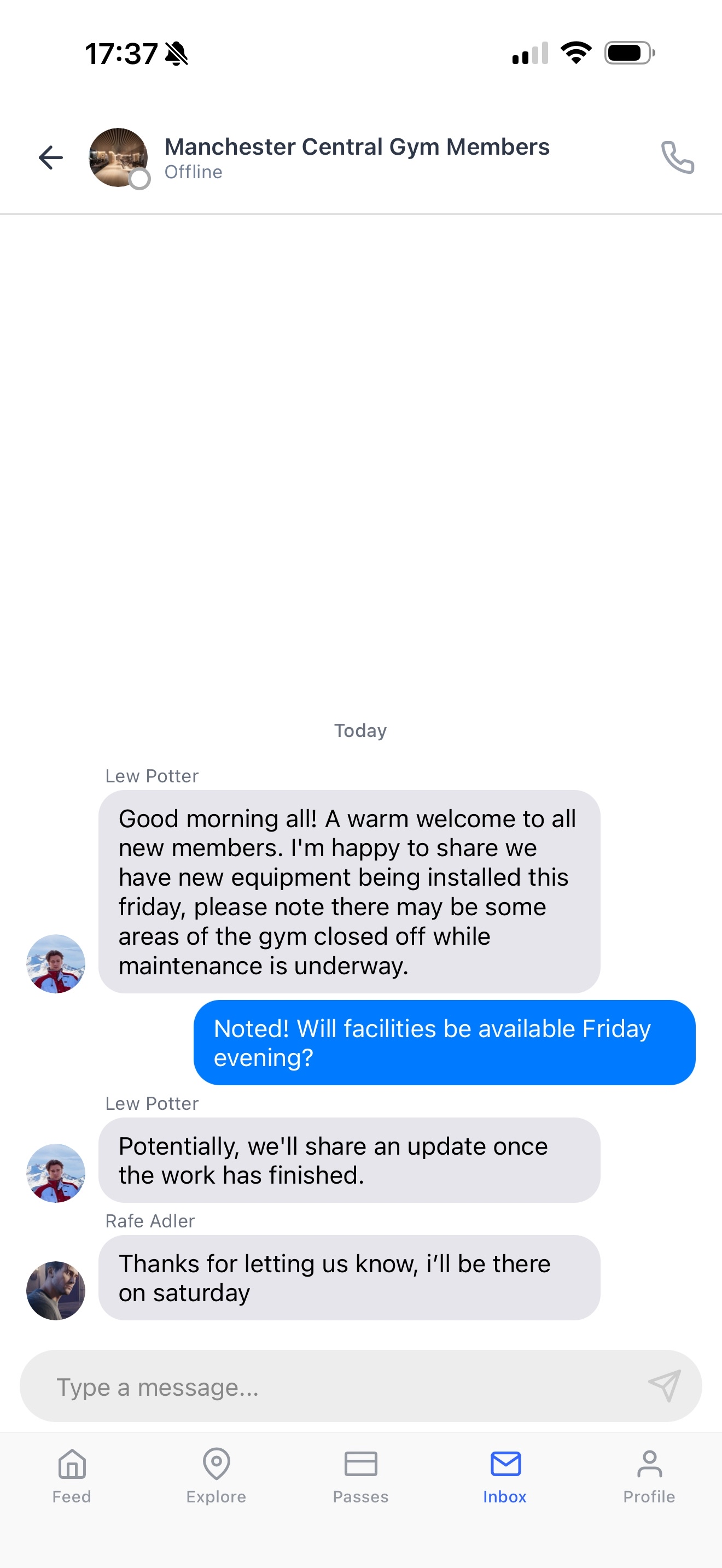 A club group chat in the Dyno member app