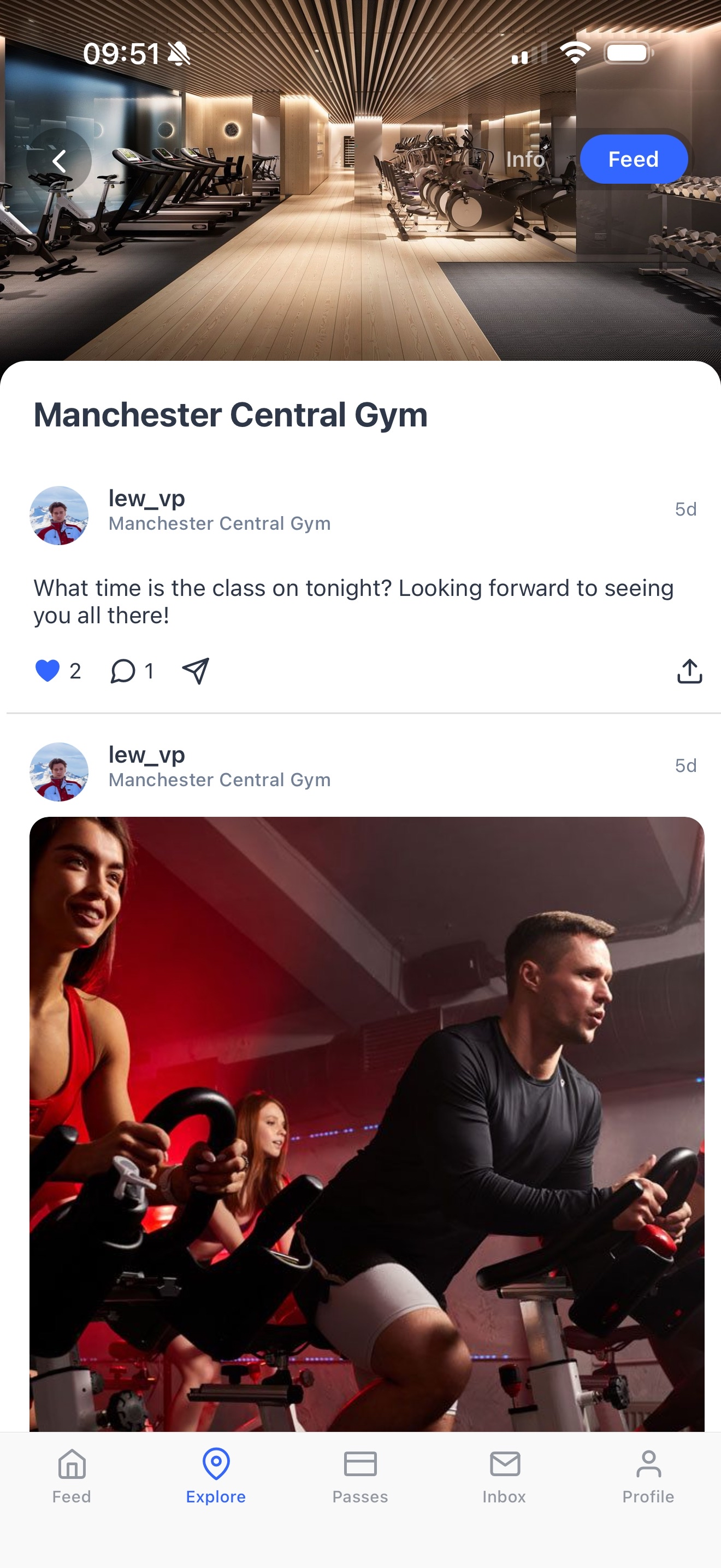 A club activity feed with posts, photos and comments in the Dyno member app