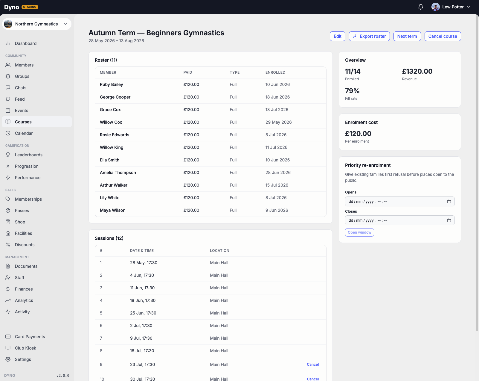 A term course on the Dyno dashboard, with its roster, sessions, enrolment cost and priority re-enrolment