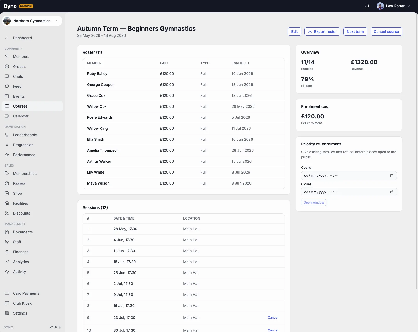 Term courses and enrolment on the Dyno dashboard