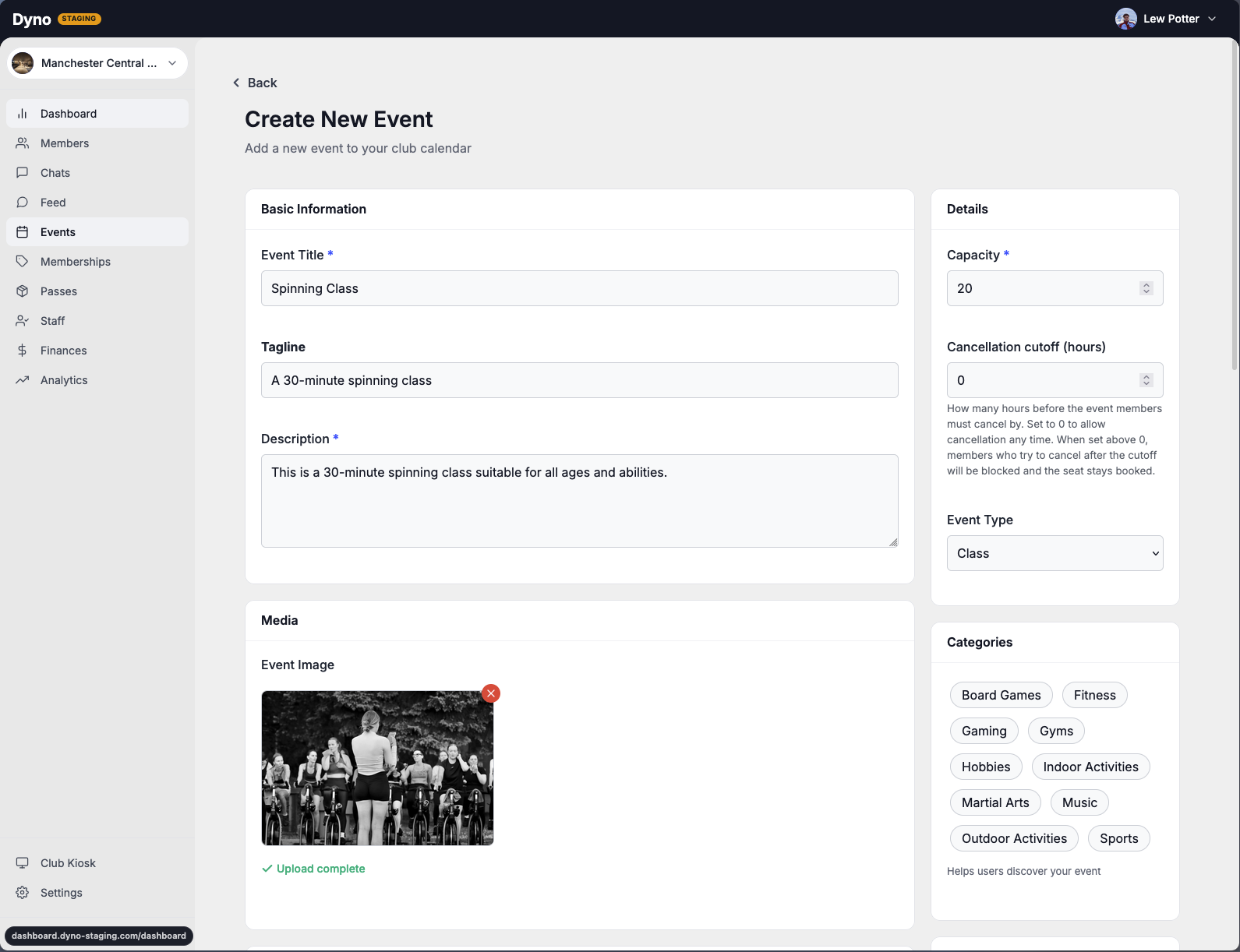 Creating a class on the Dyno dashboard, with capacity, pricing and event type
