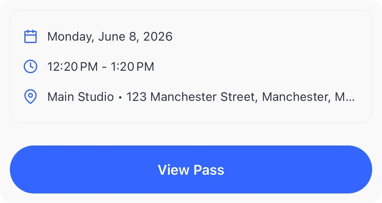 A booked class’s date, time and studio, with a View Pass button