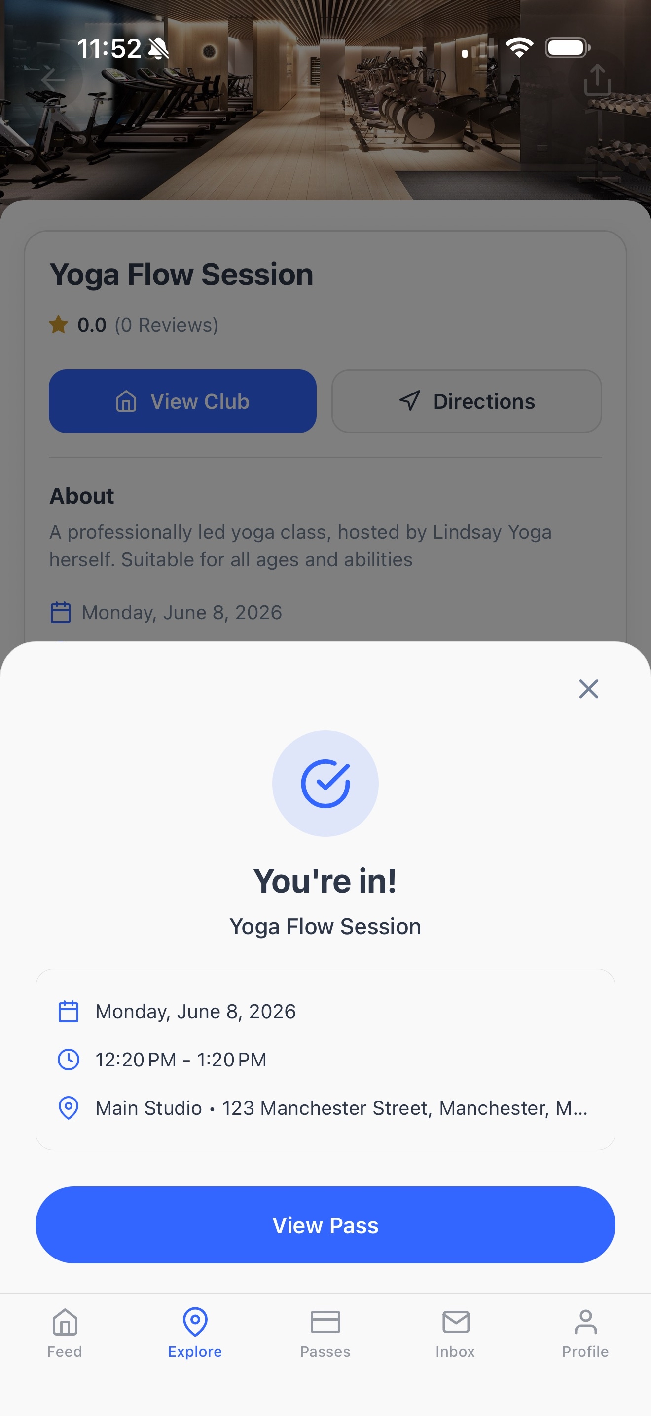 Booking confirmation for a class in the Dyno member app