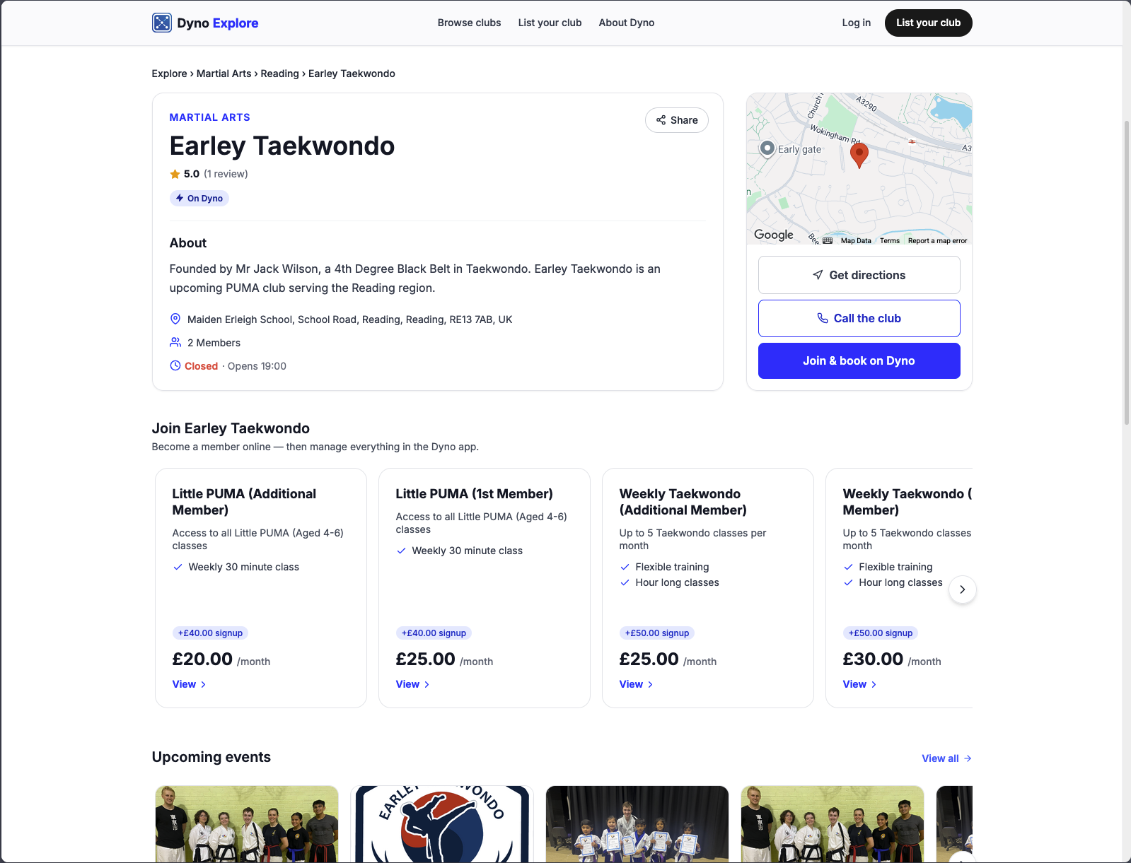 A public club profile page on the Dyno Explore directory