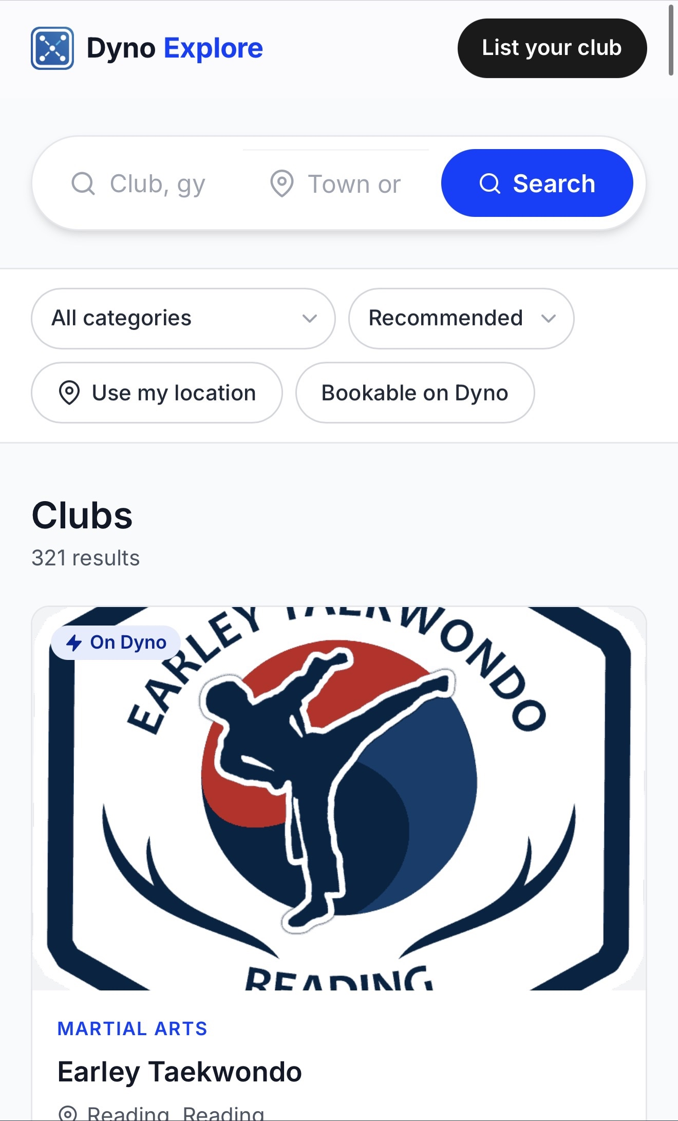 Browsing and searching clubs on the Dyno Explore directory on mobile