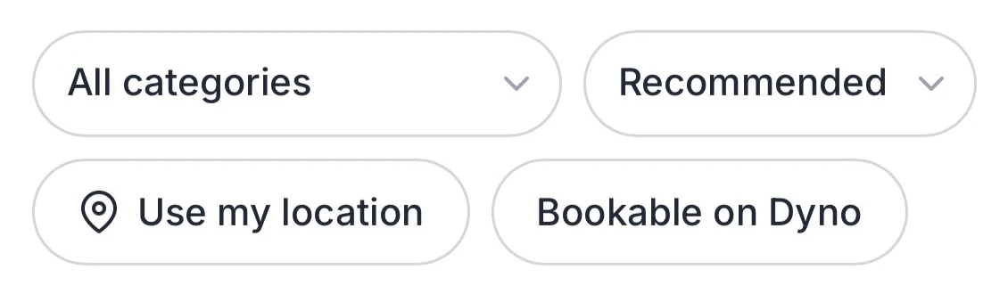 Explore filters: all categories, recommended, use my location and bookable on Dyno