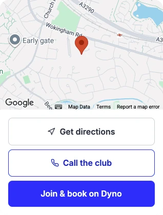 A map with buttons to get directions, call the club, and join and book on Dyno