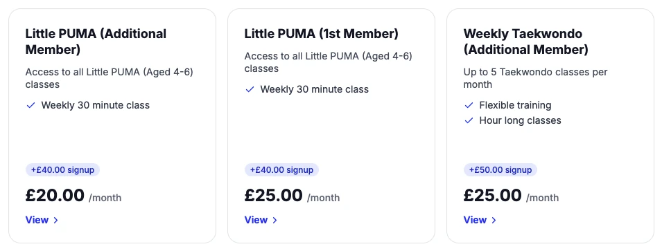 Membership cards with monthly prices and a View link on a club’s Explore profile