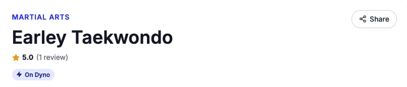 The top of a club’s Explore profile: its category, name, rating and an On Dyno badge