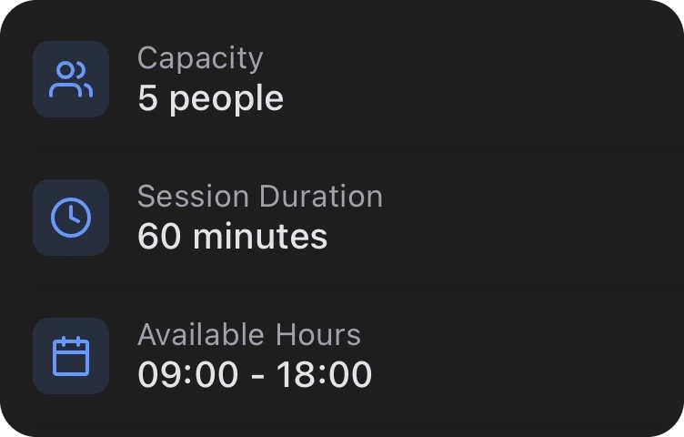 Capacity, session duration and available hours for a studio
