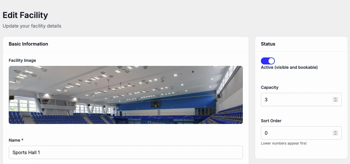 Editing a sports hall on the Dyno dashboard: its photo, name, and a switch making it visible and bookable