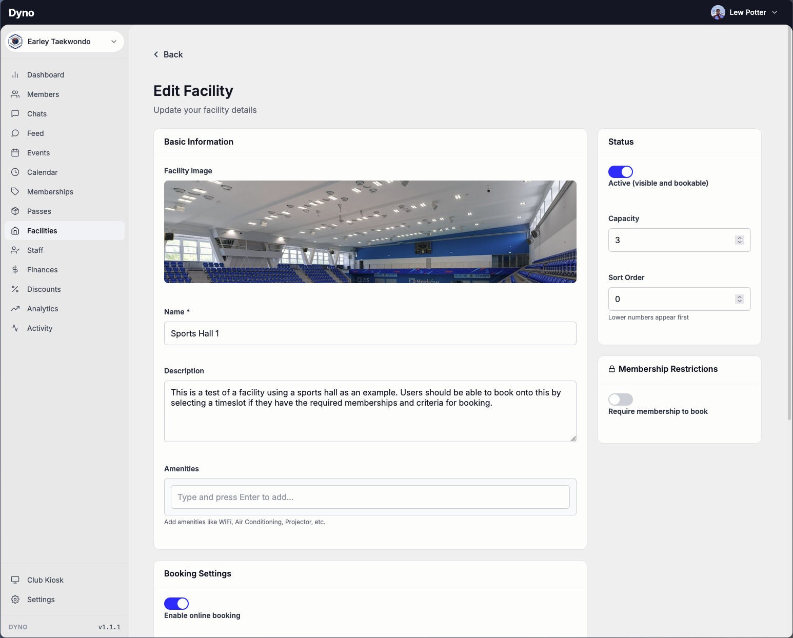 Editing a bookable facility on the Dyno dashboard, with capacity and booking settings