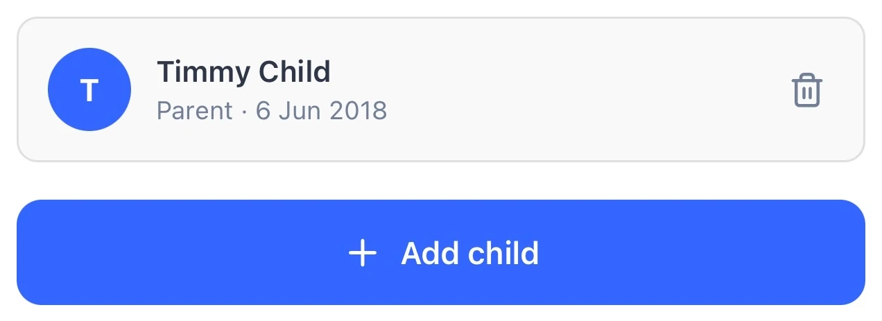 A child on a parent’s Family screen in the member app, with an Add child button