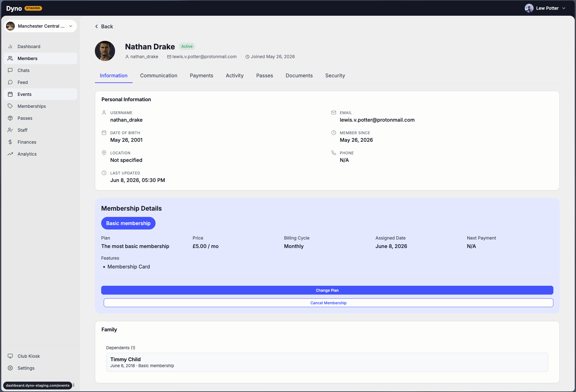 A member profile on the Dyno dashboard showing their linked family dependents