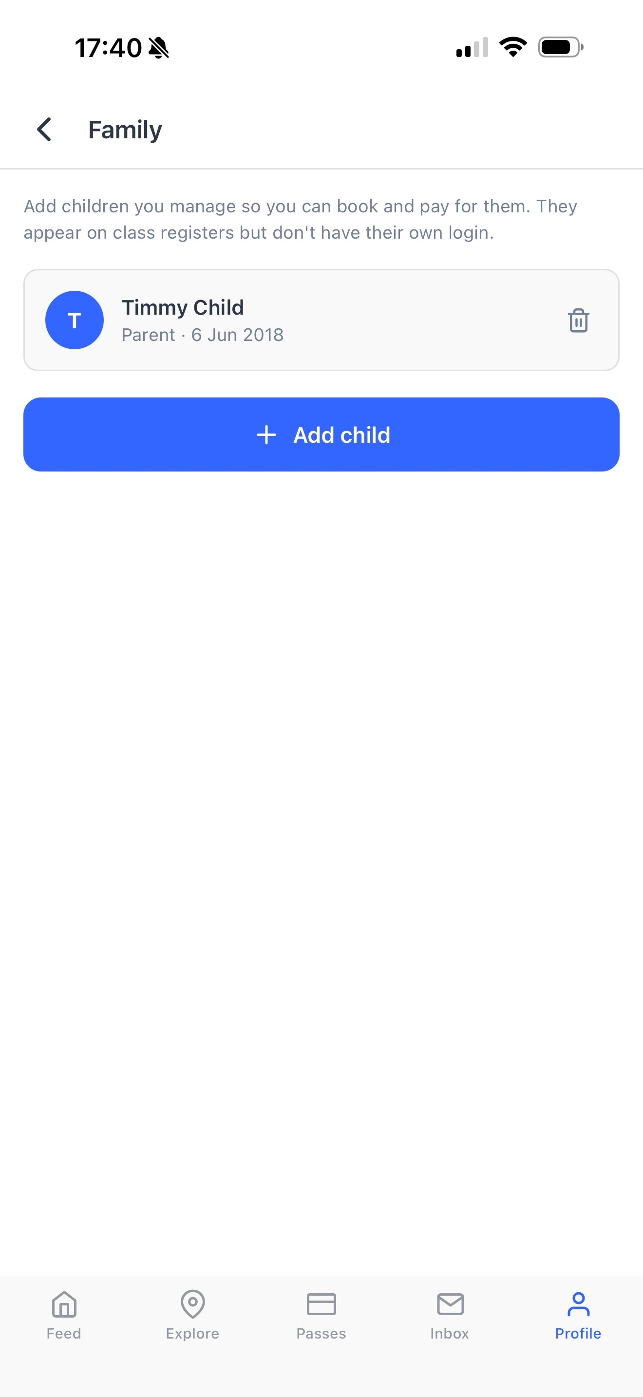 Managing the children on a family account in the Dyno member app