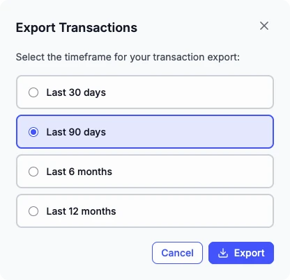 Choosing the last 90 days in the Export Transactions window