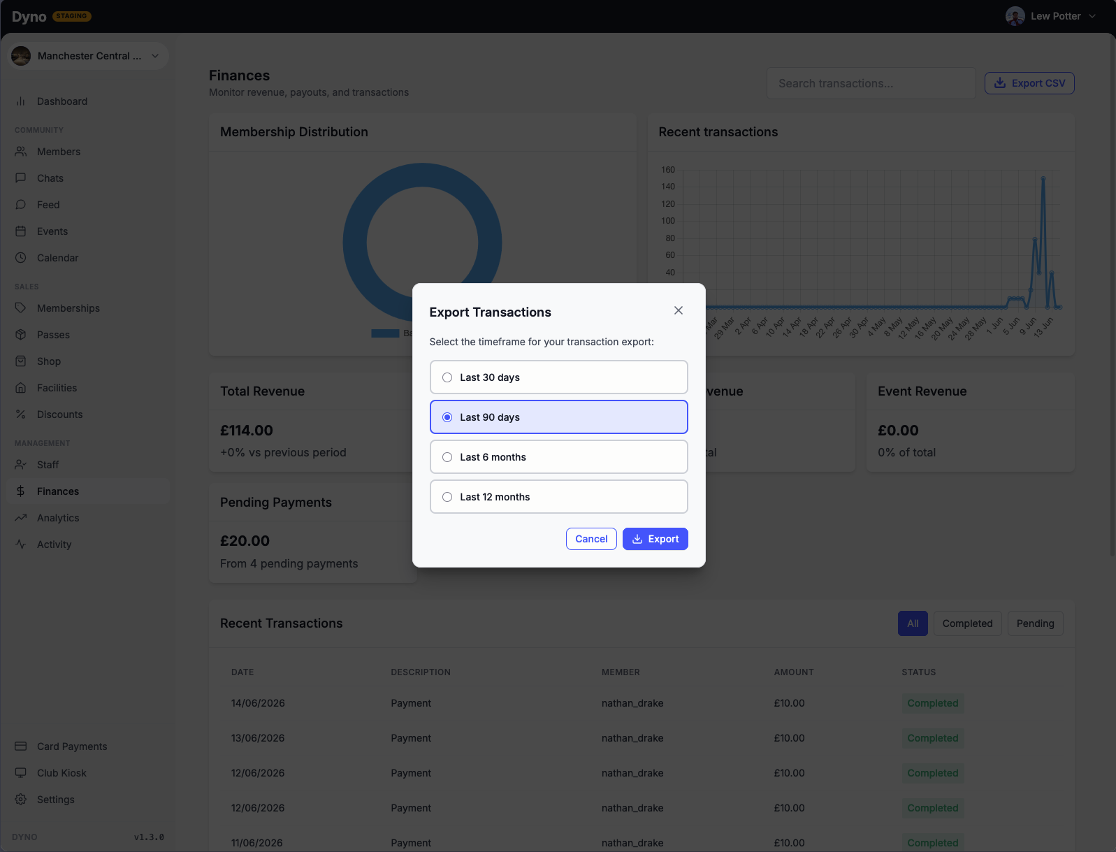 Exporting transactions to CSV from the Finances page on the Dyno dashboard