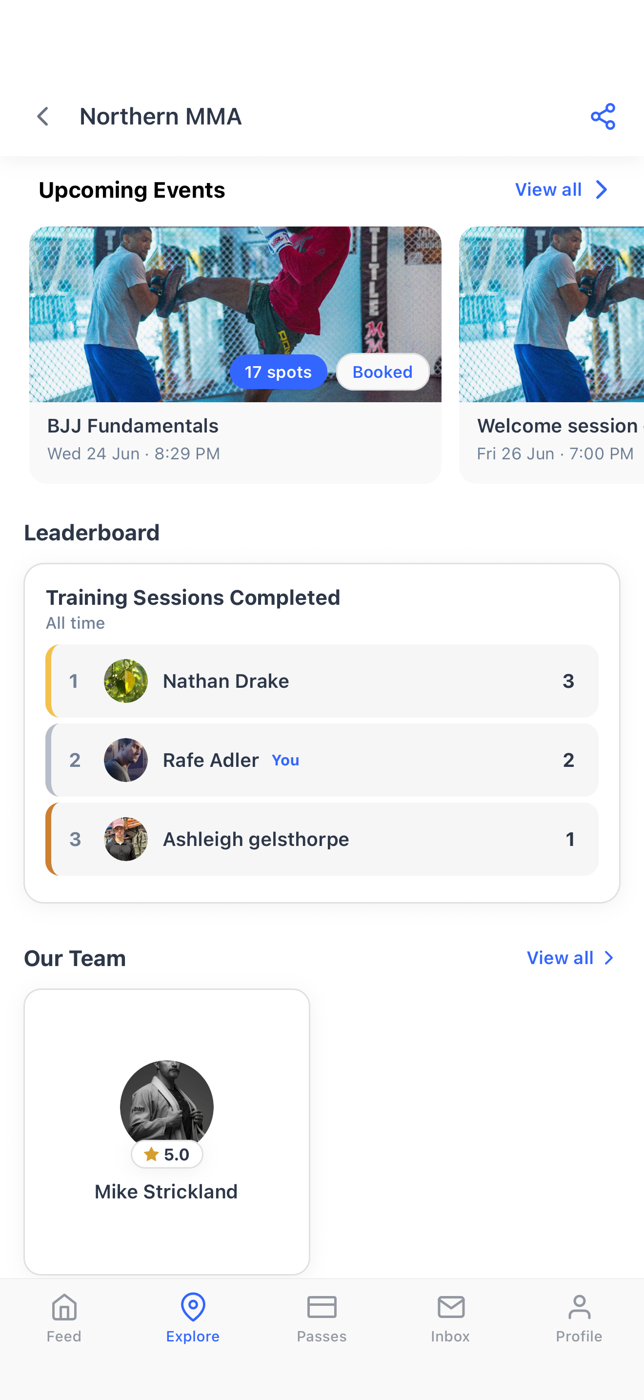 A club leaderboard ranked by training sessions attended in the Dyno member app