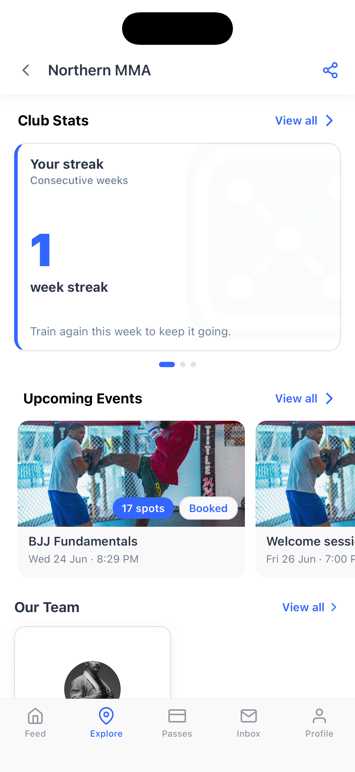 A member’s attendance streak on a club page in the Dyno member app