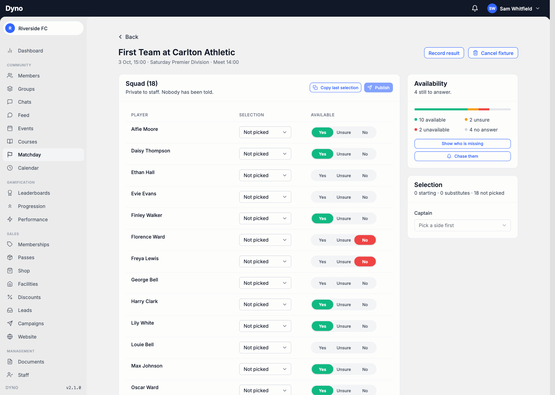 Collecting player availability for a fixture on the Dyno dashboard
