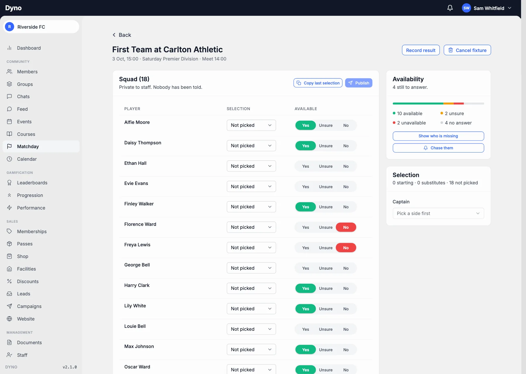 A fixture’s squad with each player’s availability on the Dyno dashboard