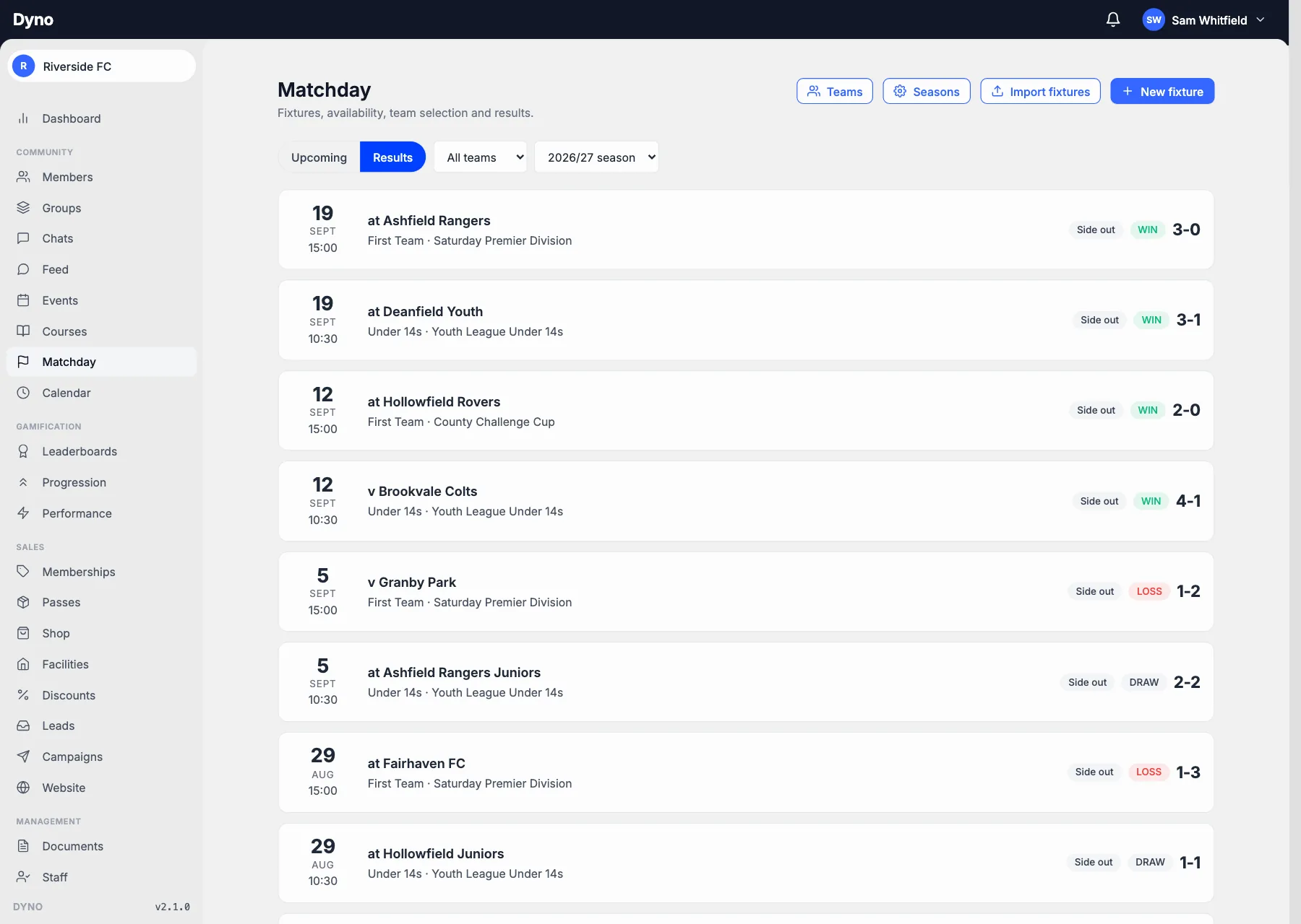 A season of football results on the Dyno dashboard