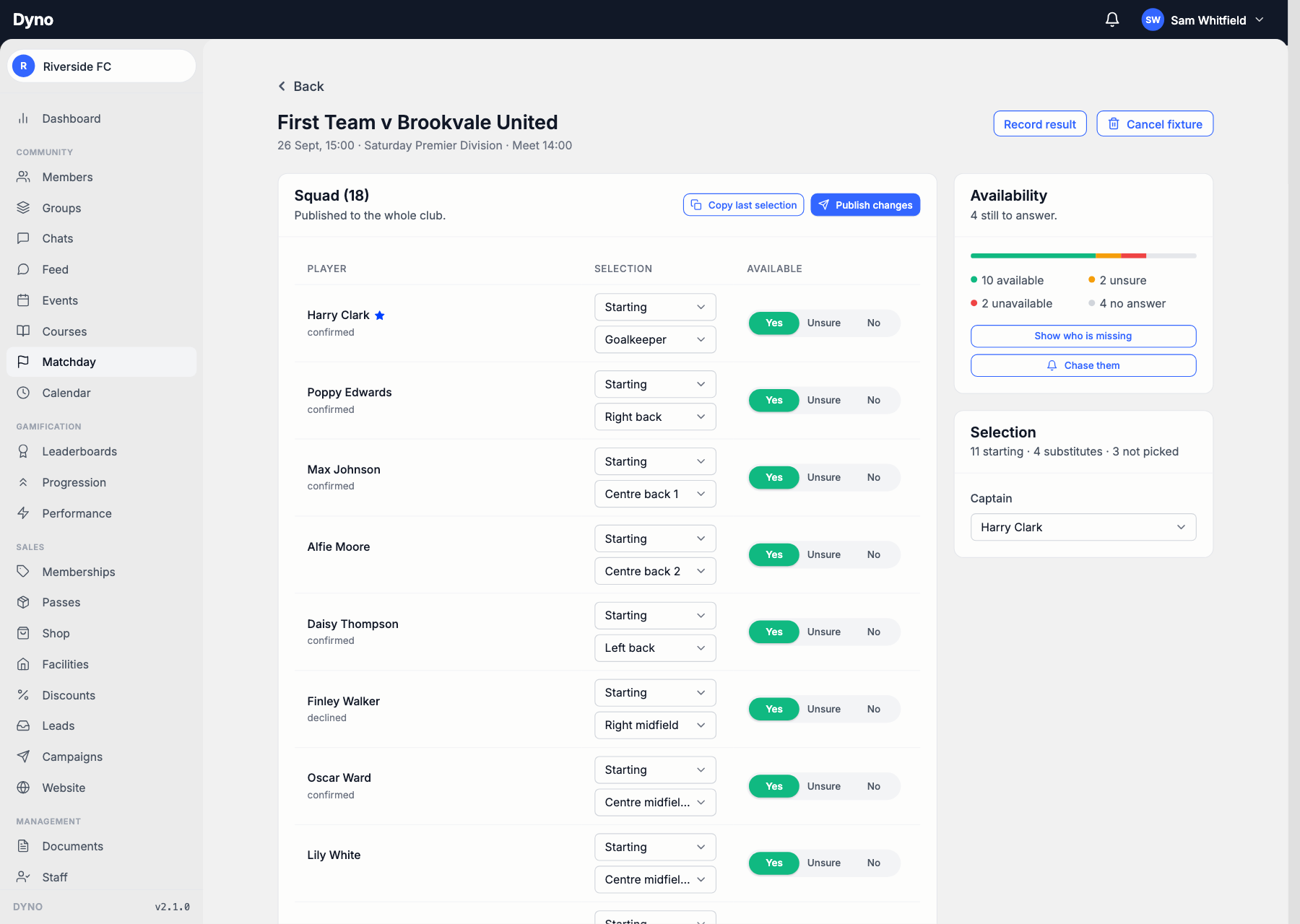 A published team selection with positions and a captain on the Dyno dashboard