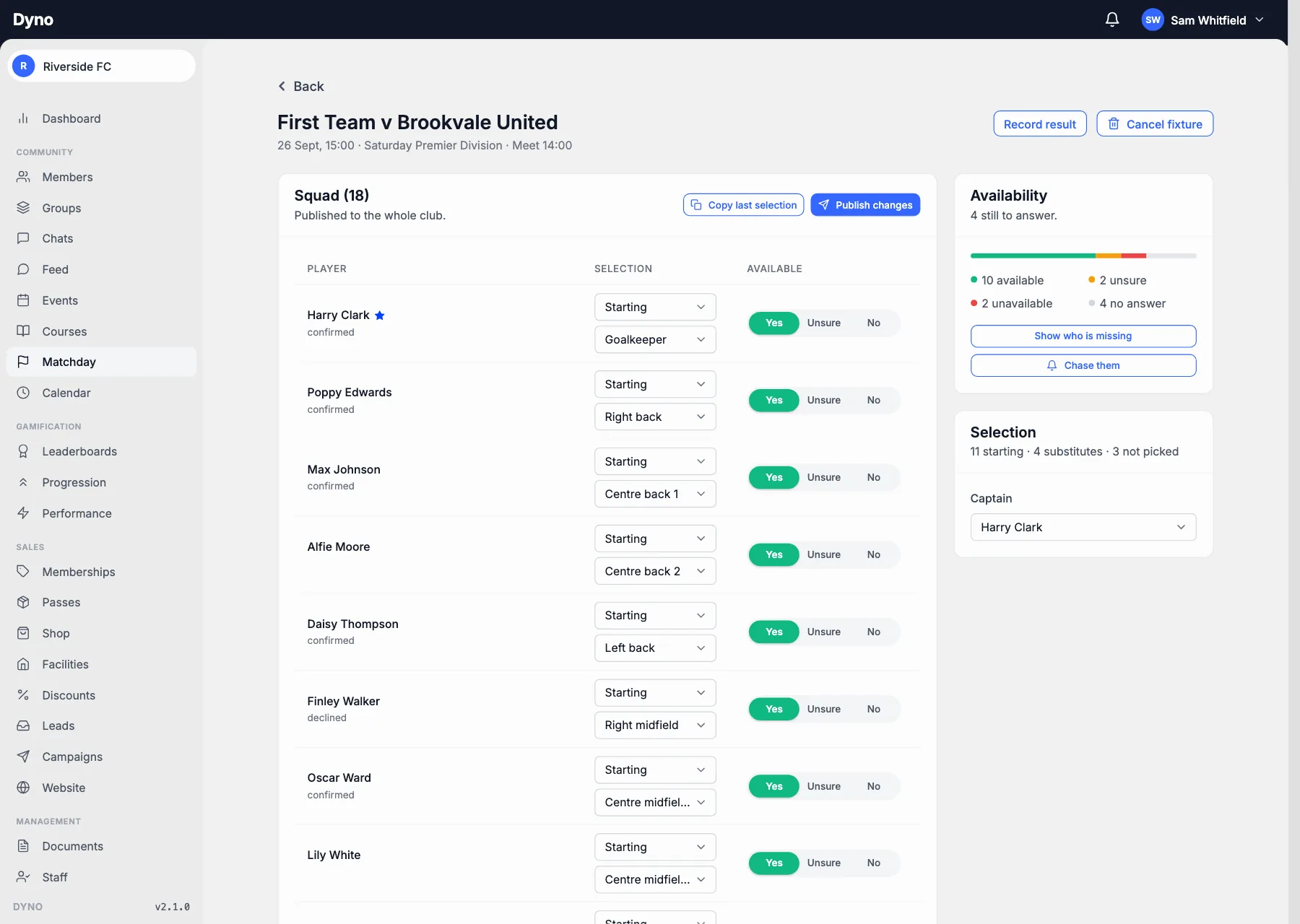 A published football team selection with positions and a captain on the Dyno dashboard