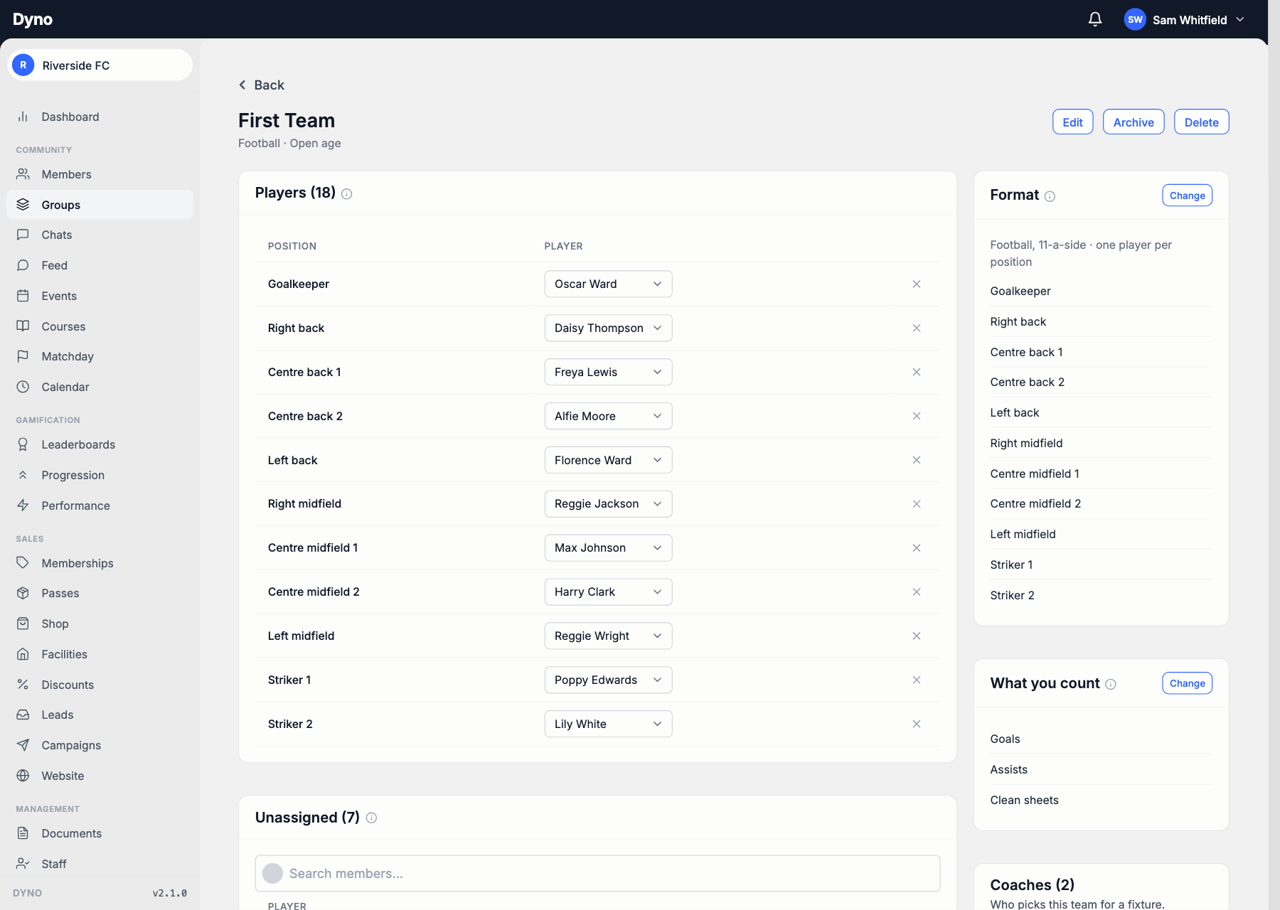A team page showing the squad, its format and what it counts on the Dyno dashboard