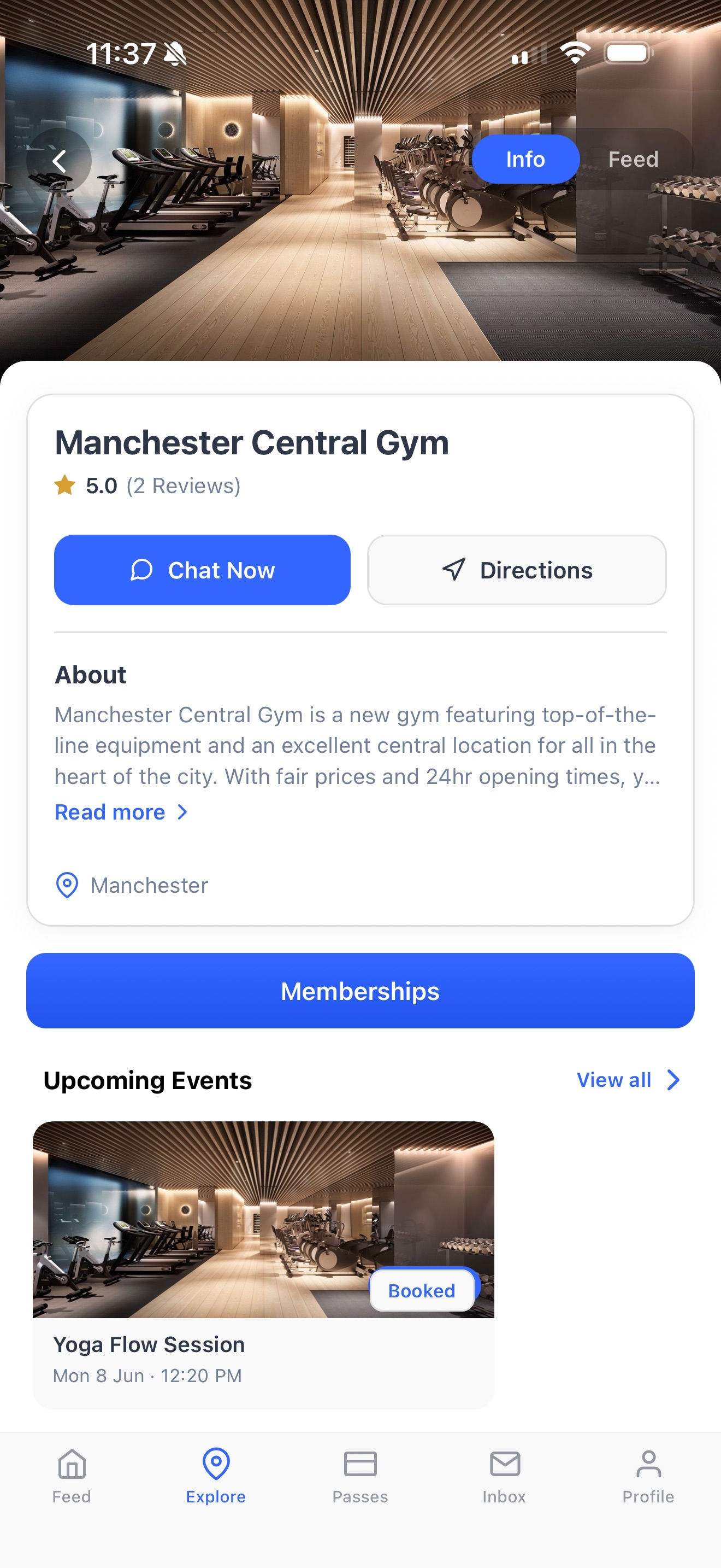 A club in the Dyno member app, with memberships and upcoming events