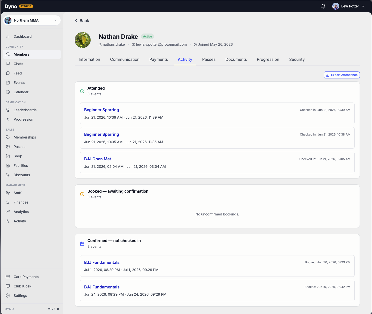 A member’s attendance and booking history on the Dyno dashboard