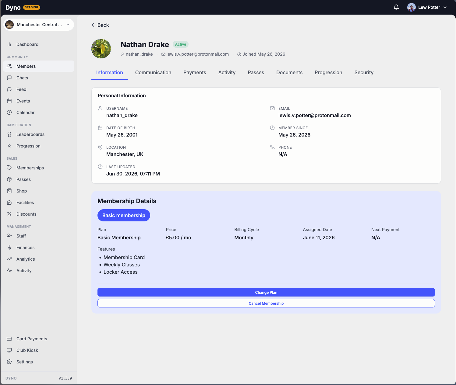 A member’s profile on the Dyno dashboard, showing personal details and membership