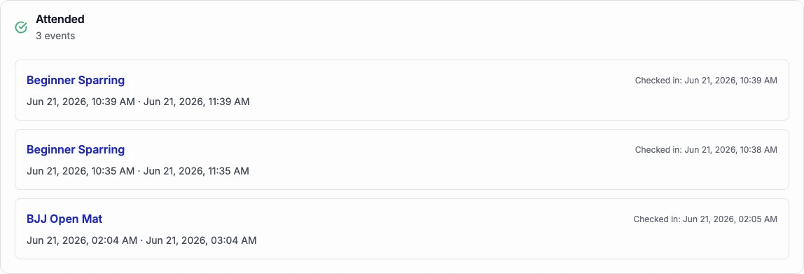 The Attended list on a member’s profile: three sessions, each with its time and when they checked in