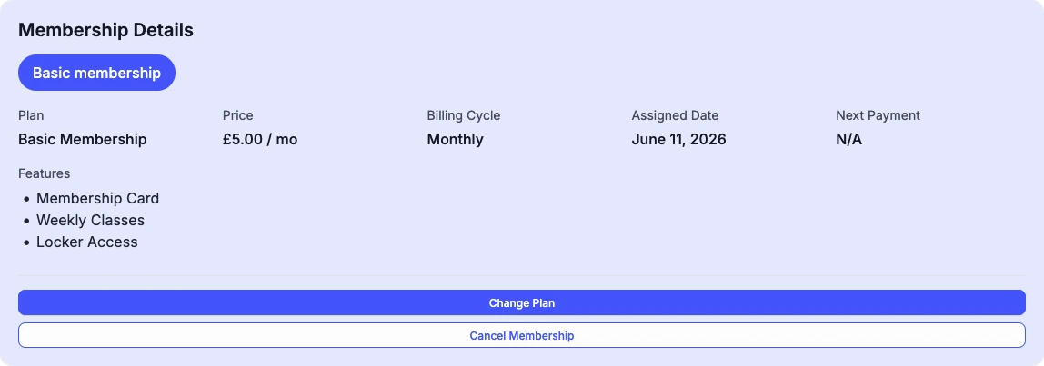The Membership Details card on a member’s profile: their plan, price, billing cycle and the date it was assigned, with Change Plan and Cancel Membership buttons