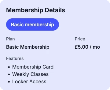 A member’s membership details: their plan, price and what it includes