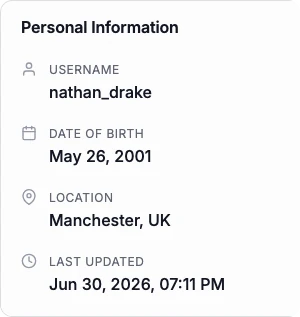 A member’s personal information: username, date of birth, location and when it was last updated