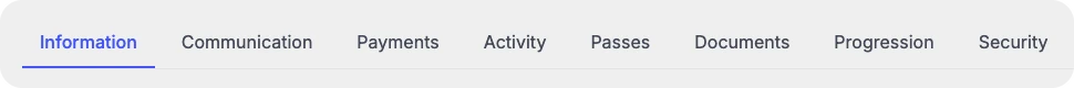 The tabs on a member’s profile, from Information to Security