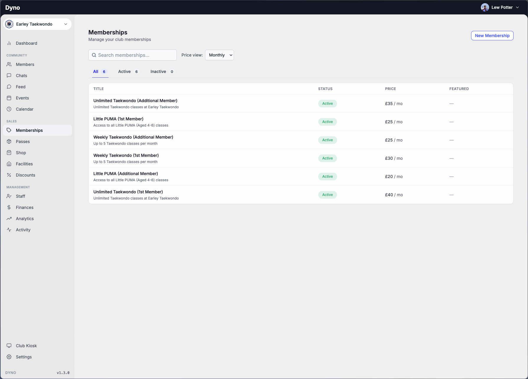 Managing club membership plans on the Dyno dashboard