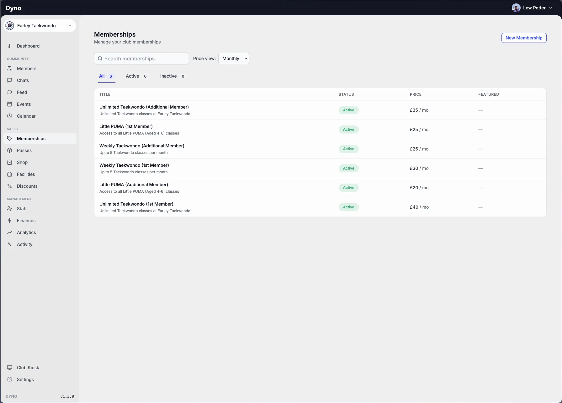 The Dyno memberships management screen