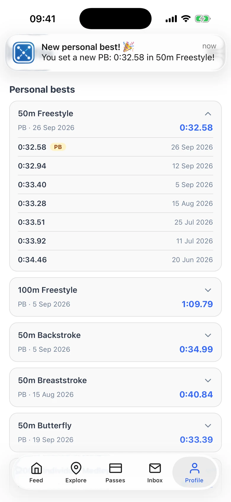 A New personal best notification over a member’s personal bests in the app, with 0:32.58 marked as the PB in their 50m freestyle history