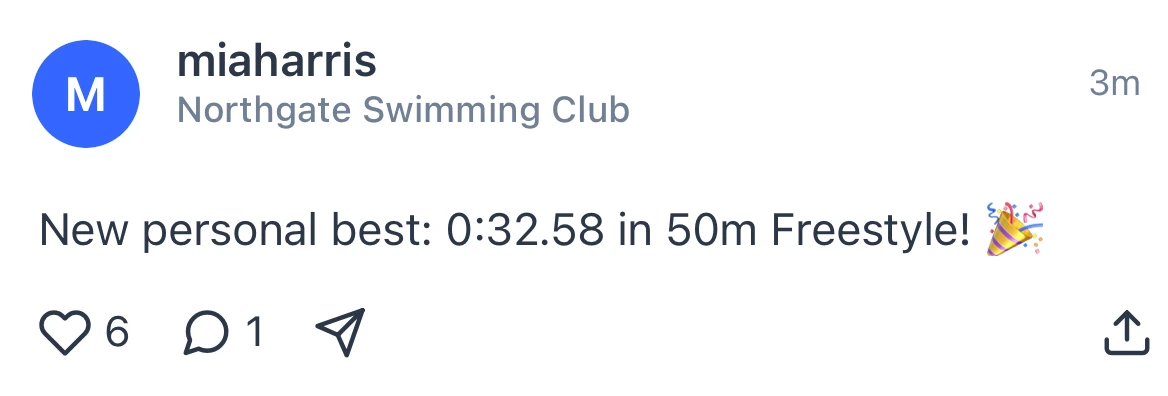 A club feed post celebrating a new personal best of 0:32.58 in the 50m freestyle, with 6 likes and a comment