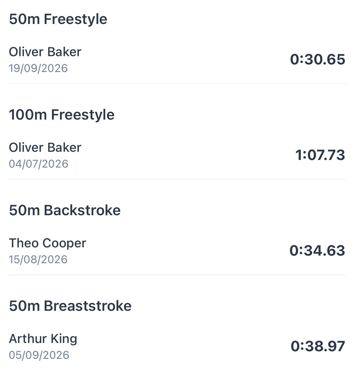 The Club records screen in the app, with the holder, time and date for each discipline